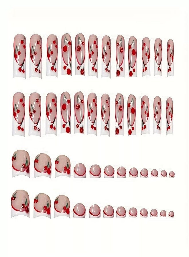 CTTHNBD 48Pcs Square Press on Nails Long & Press on Toenails Set, White French Tip Press on Nails with Cherry Design False Nails Short Press on Toe Nails Full Cover Stick on Nails for Women - Image 2